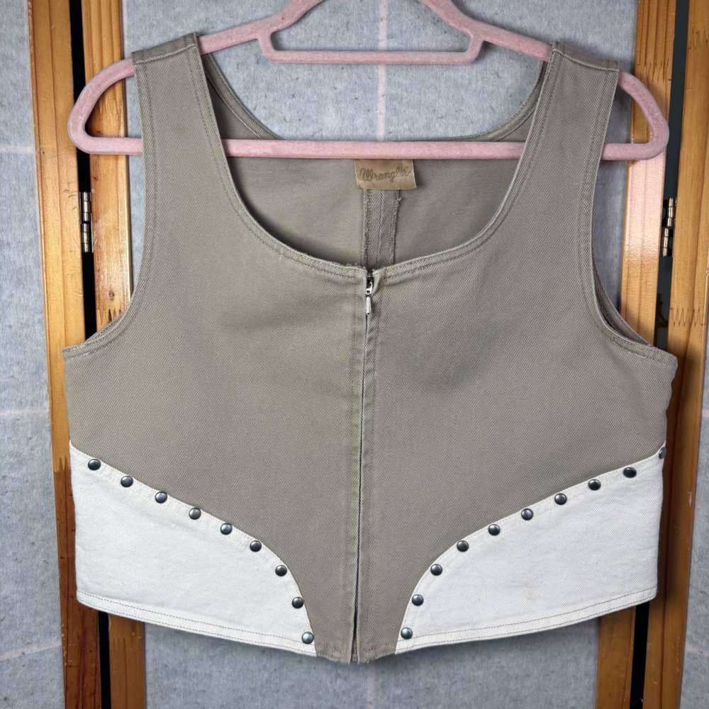 Wrangler Vest M Khaki Tan White Studded Zip Front Western Twill Crop Small